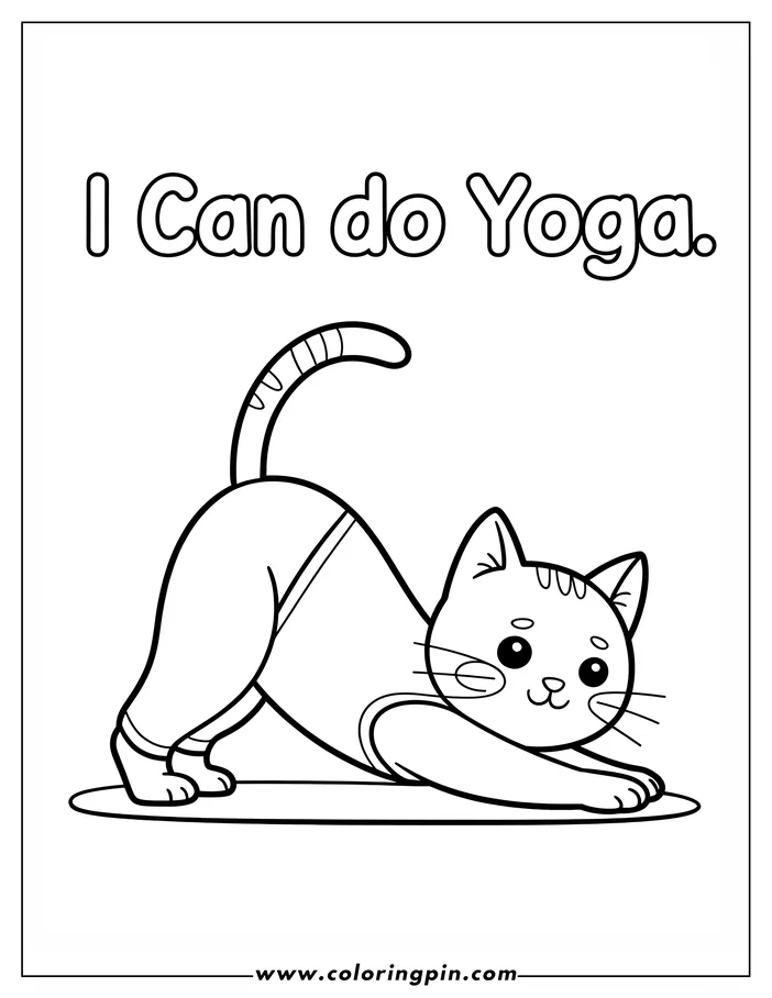 Line art of a cat performing a yoga pose. The cat, with striped markings on its head and tail, wears a simple outfit and stretches forward on a mat, a design ready for coloring.
