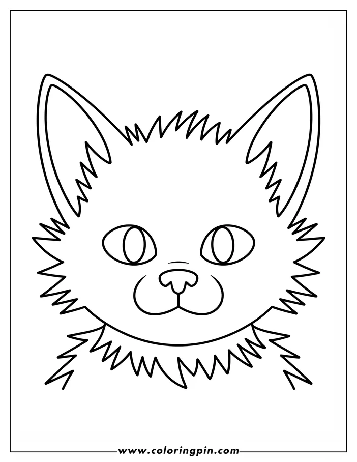 Simple line drawing of a cat's face, with large eyes, a small nose, and spiky fur.