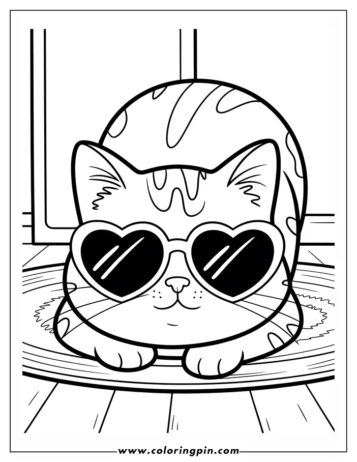 Simple coloring page design of a cat wearing heart-shaped sunglasses. The cat is sitting on a rug with a content expression. Perfect for cat lovers!