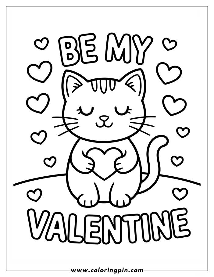 Simple line art of a cat holding a heart, surrounded by small hearts, with the words "Be My Valentine." This coloring sheet design is perfect for Valentine's Day.