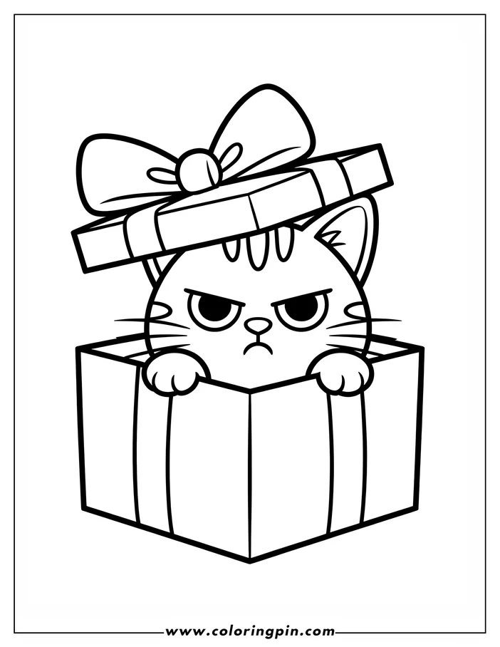 Line art of a grumpy cat inside a gift box. The cat has striped markings, and the box is topped with a bow. Coloring sheet design.