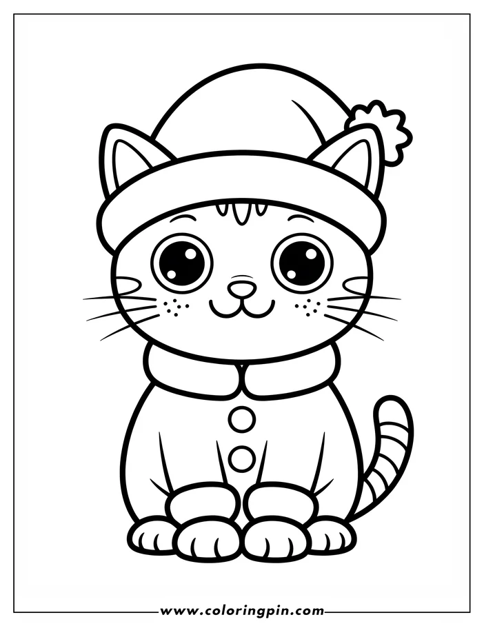 Line art of a cat wearing a Santa hat, designed as a coloring sheet. The cat is sitting and has a friendly expression.
