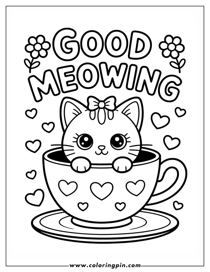 Simple drawing of a cat sitting in a heart-decorated teacup, designed as a coloring sheet. The cat has a bow, large eyes, and several hearts surround the cup.