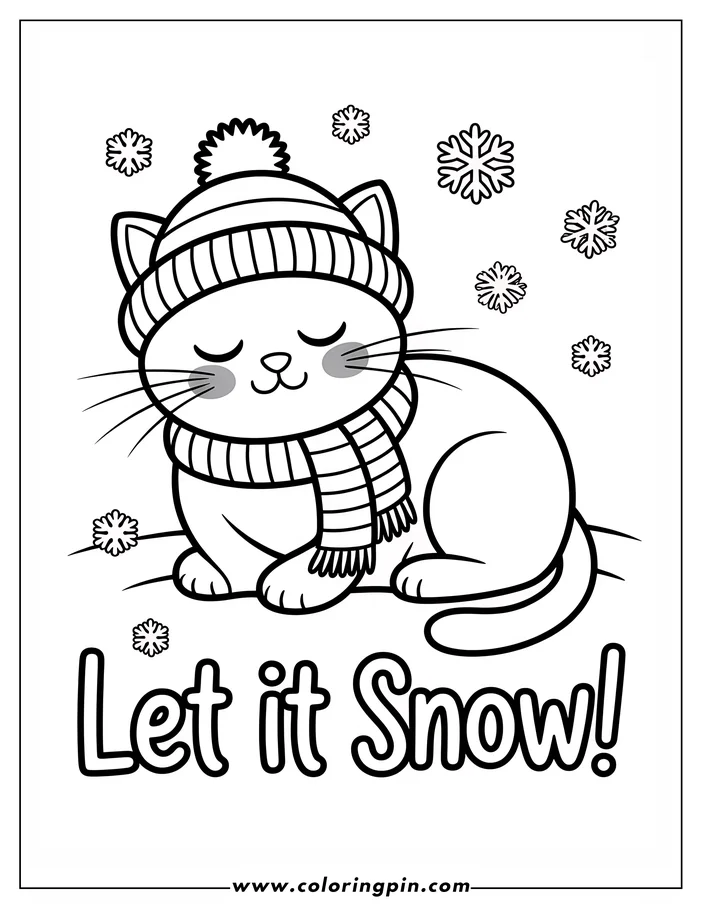 Line art of a cat wearing a winter hat and scarf, sitting in the snow with snowflakes falling around it, designed as a coloring sheet.