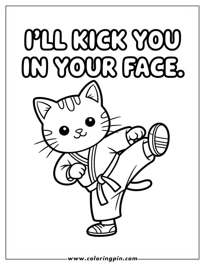 Line art of a cat wearing a karate uniform and performing a high kick. This coloring sheet design features a cartoon cat with a determined expression, ready for coloring.