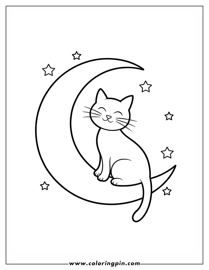 Simple line art of a cat sitting contentedly on a crescent moon, surrounded by stars. This drawing is a coloring sheet design, ready for kids to add their own colors.