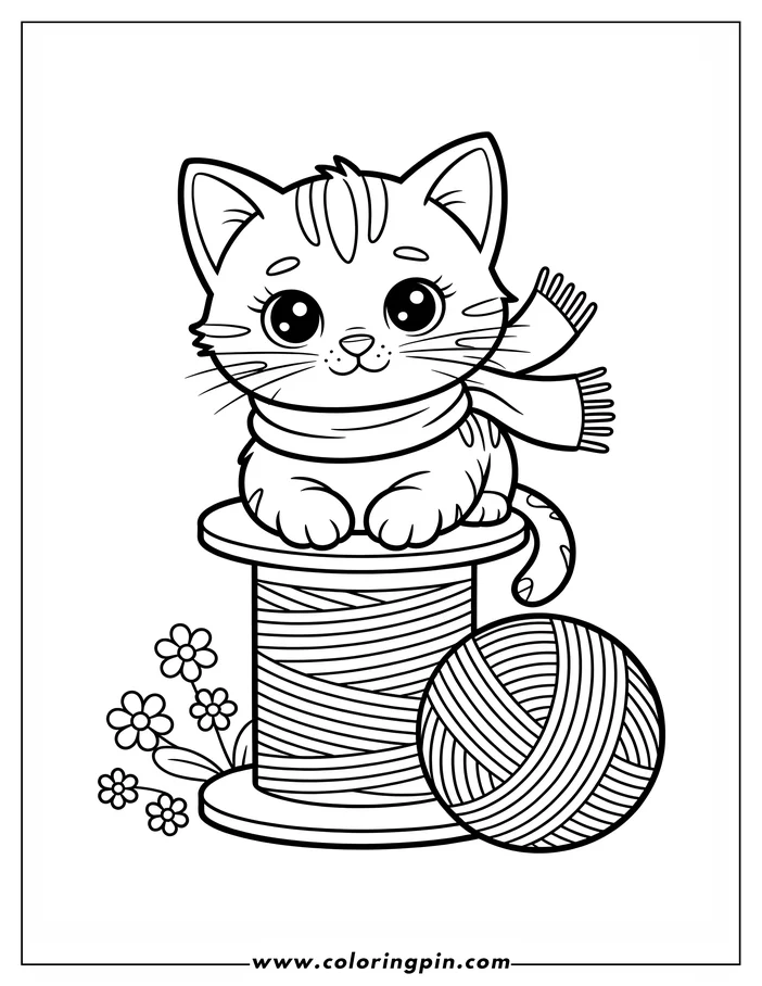 Simple coloring page design of a cat sitting on a spool of thread. The cat wears a scarf and is next to a ball of yarn. A few flowers are near the spool's base. Perfect for cat lovers!
