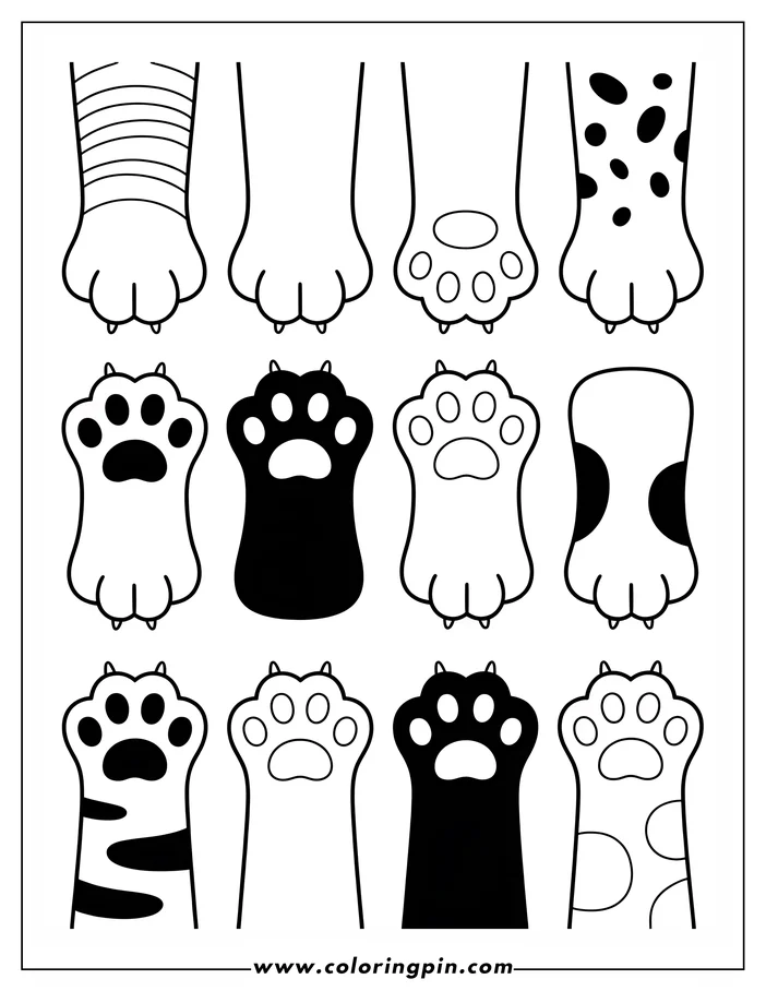 Line art illustration of various cat paws, some with extended claws and different fur patterns like stripes and spots, designed as a coloring page.