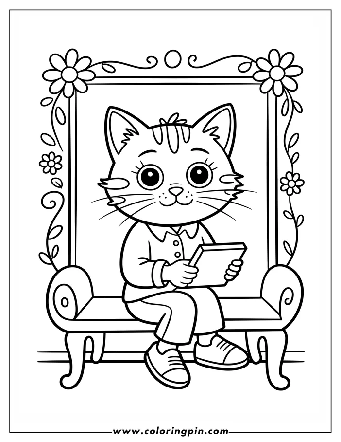 Outline of a cartoon cat sitting on a bench, holding a book as if reading.