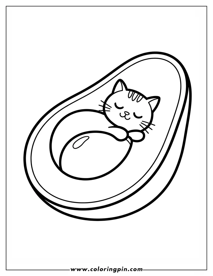 Simple coloring page design of a cat sleeping inside a halved avocado. The cat appears peaceful with closed eyes, nestled against the avocado pit.