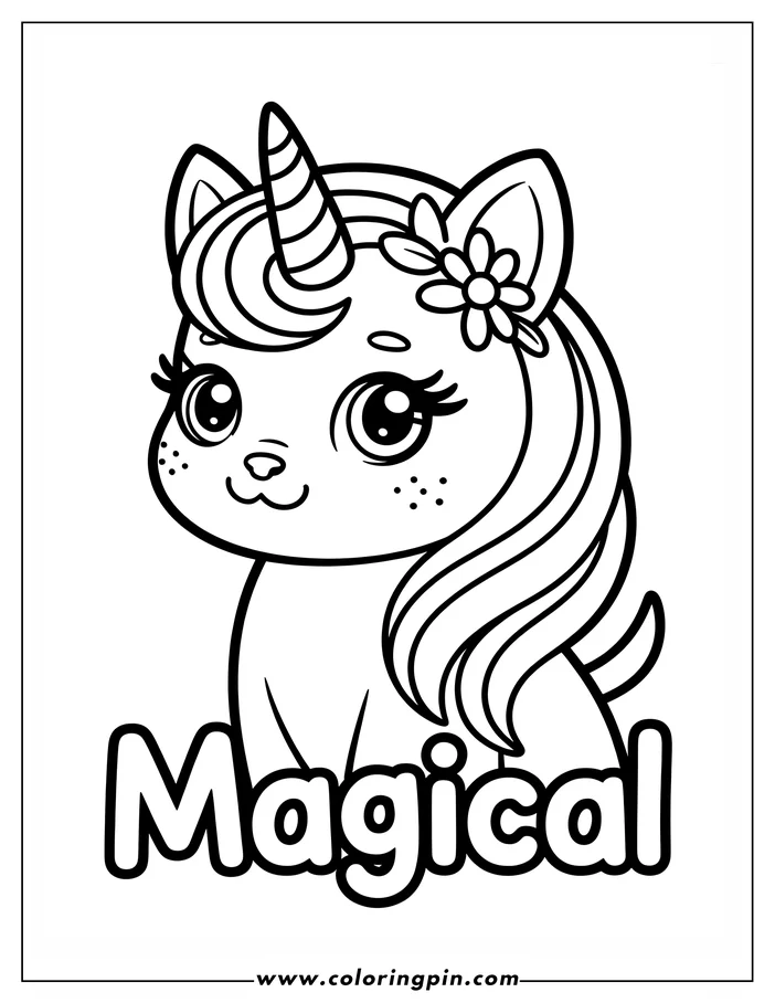 Line art of a cat-unicorn hybrid. The cat has large eyes, a flower in its hair, a long mane, and a prominent, striped unicorn horn. It's a simple, whimsical design suitable for a coloring page.