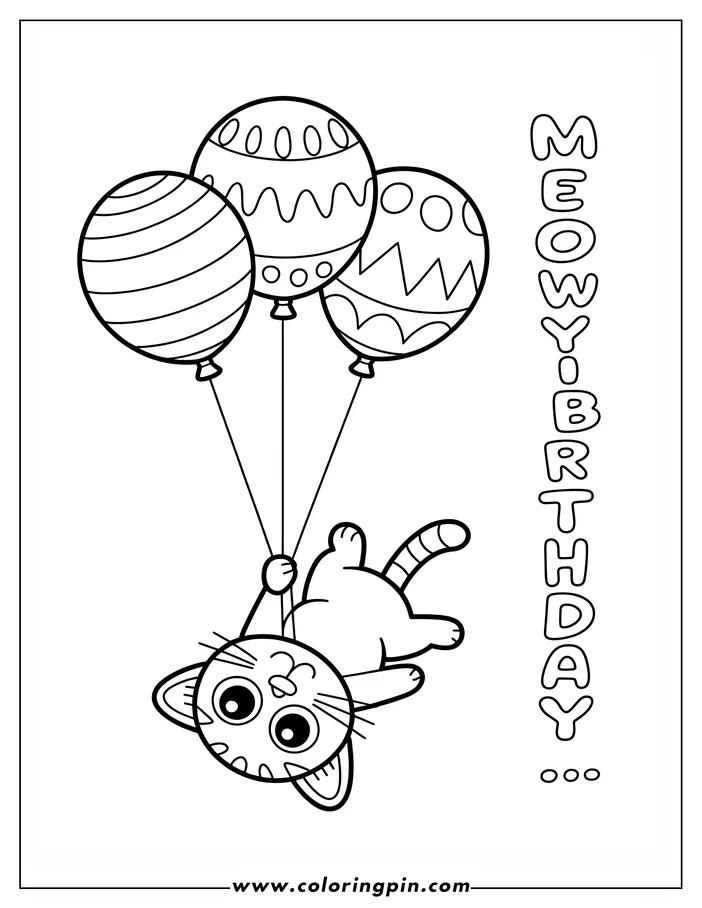 Line art of a cat hanging upside down from three balloons. The words "Meowy Birthday" are written vertically next to the cat. This image is a simple outline drawing, designed as a coloring page.