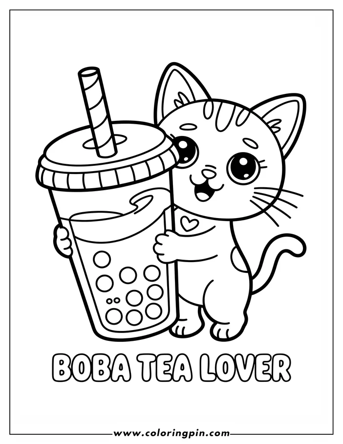 Line art of a cartoon cat holding a large cup of boba tea. The cat has large eyes, a heart on its chest, and a happy expression. The boba tea cup has a striped straw, a lid, and visible boba pearls. A fun coloring sheet design.