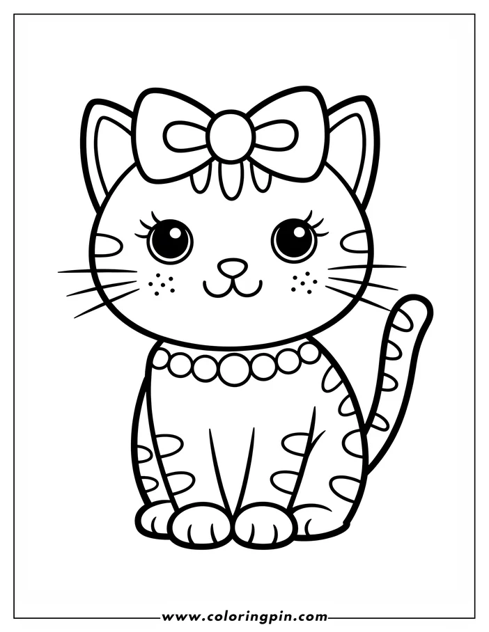 Line art of a cat wearing a large bow on its head and a beaded necklace.  The cat is sitting and looking forward. It has striped markings on its body and tail, along with spots on its cheeks. This is a coloring sheet design.