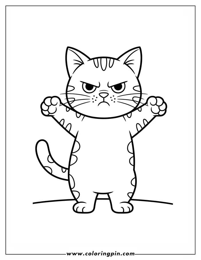 Simple line art of a cat with raised paws, showing a grumpy expression on its face. The cat has stripes on its head and spots on its body and tail. This drawing is designed as a coloring sheet for kids.