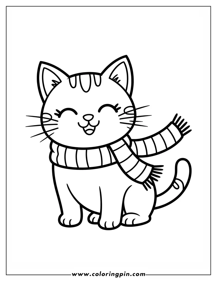 Simple line art of a cat wearing a striped scarf, designed as a coloring sheet. The cat has a cheerful, smiling expression.