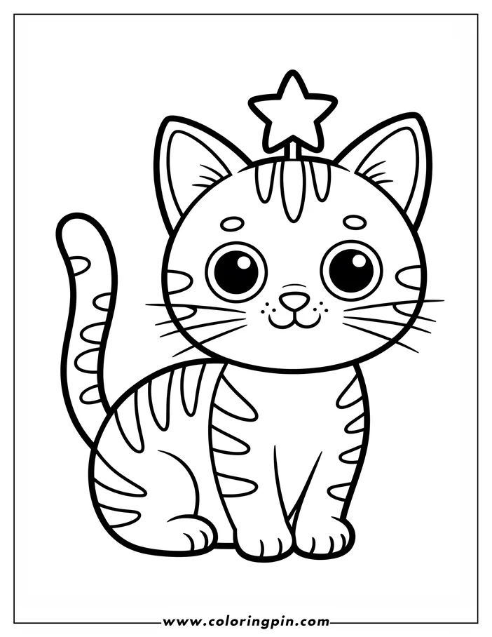 Simple, cute line art of a cat with a star on its head, designed as a coloring sheet. The cat has distinctive stripes and large, friendly eyes.