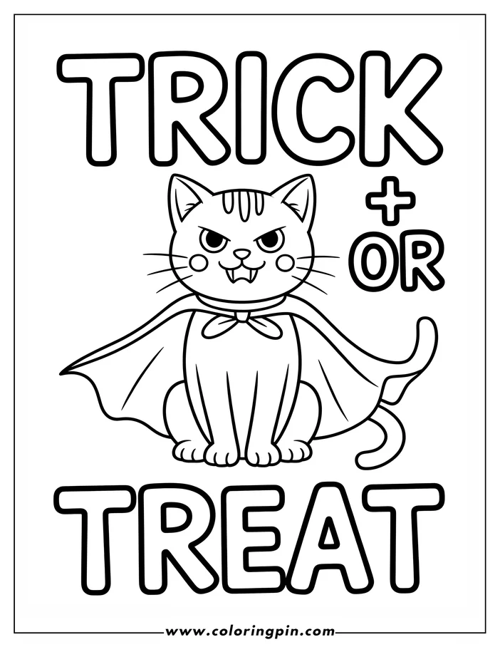 Line art of a cat wearing a vampire cape, positioned beneath the words 'Trick or Treat.' The cat has a mischievous expression and striped markings on its head. This Halloween-themed image is designed as a coloring page.