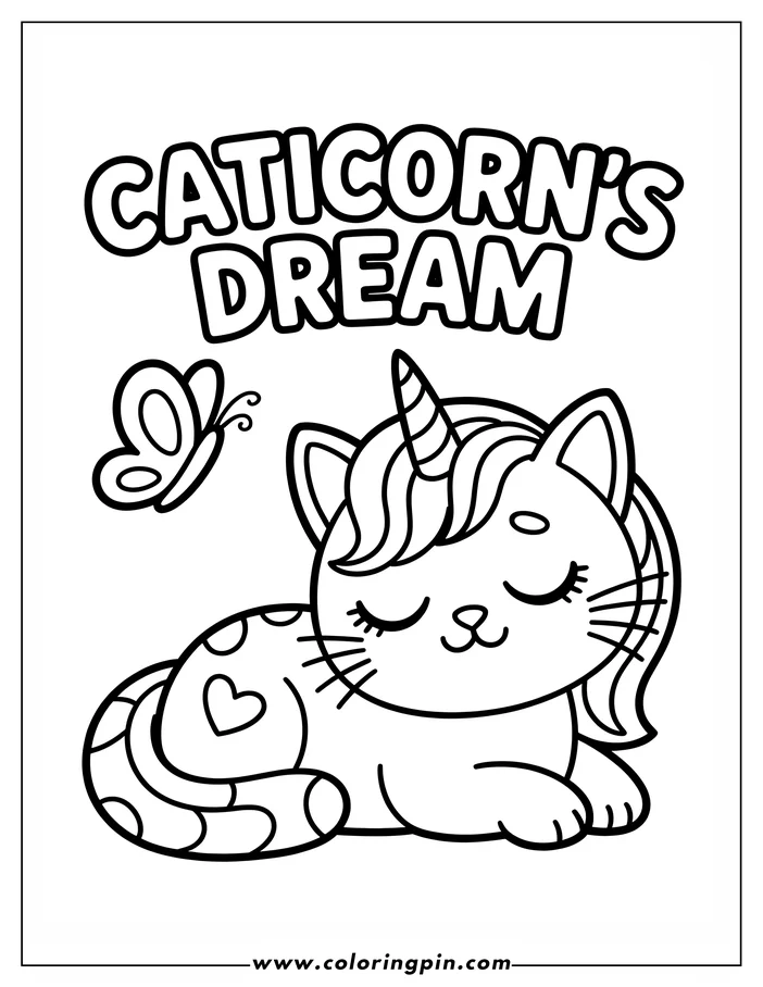Line art of a sleeping caticorn, a cat with a unicorn horn.  It has spots and a heart on its body. A butterfly is near the caticorn. This is a drawing for a coloring sheet.