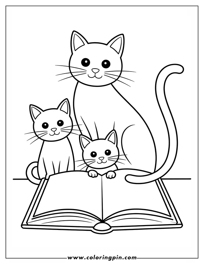 Outline of a mother cat and her two kittens sitting on an open book. All three have wide eyes and appear content.