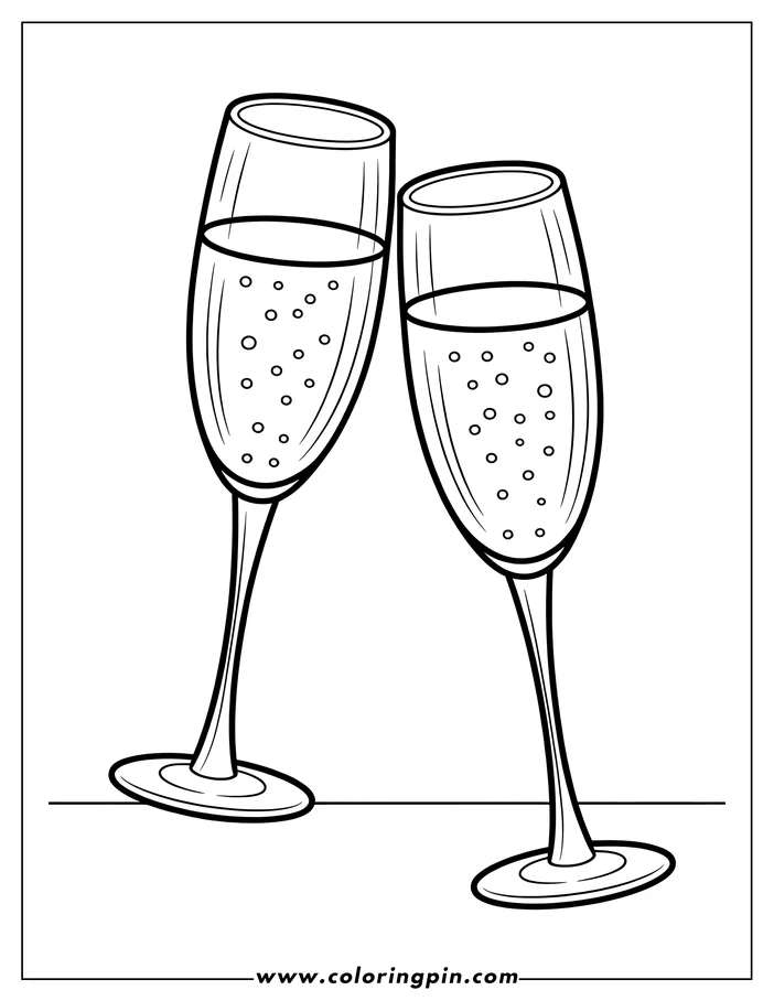 Line art of two champagne flutes toasting, filled with a bubbly beverage.