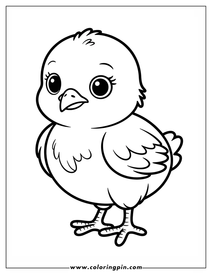Line art of a small, fluffy chick with large eyes and three-toed feet.