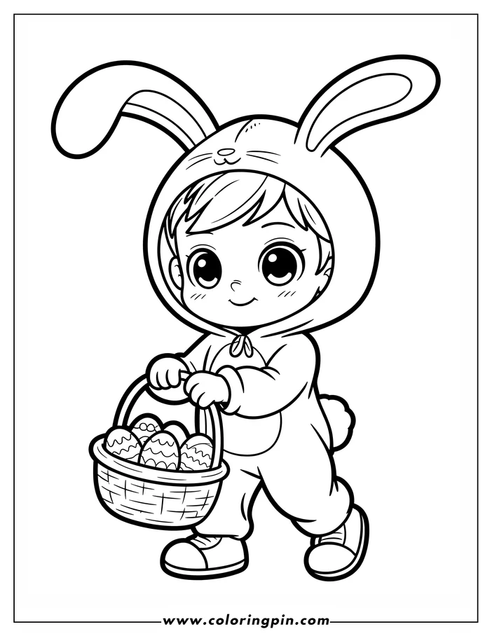 Line art of a child in a bunny costume walking and holding an Easter egg basket. The child is wearing a full bunny suit with large ears and carrying a woven basket filled with decorated Easter eggs. This is a coloring sheet design perfect for celebrating Easter.