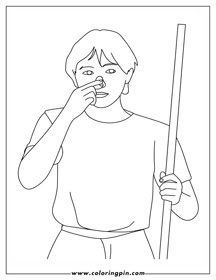 Line art of a child holding a long pole.