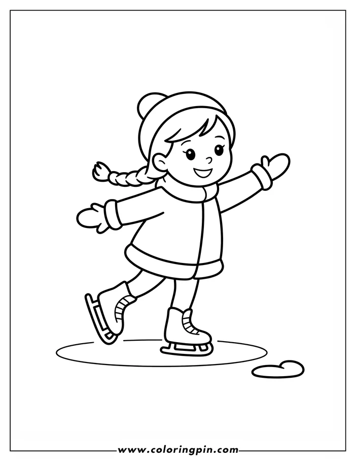 Line art of a child wearing a winter hat, coat, mittens, and ice skates enjoying ice skating.  This simple drawing is presented as a coloring sheet design.