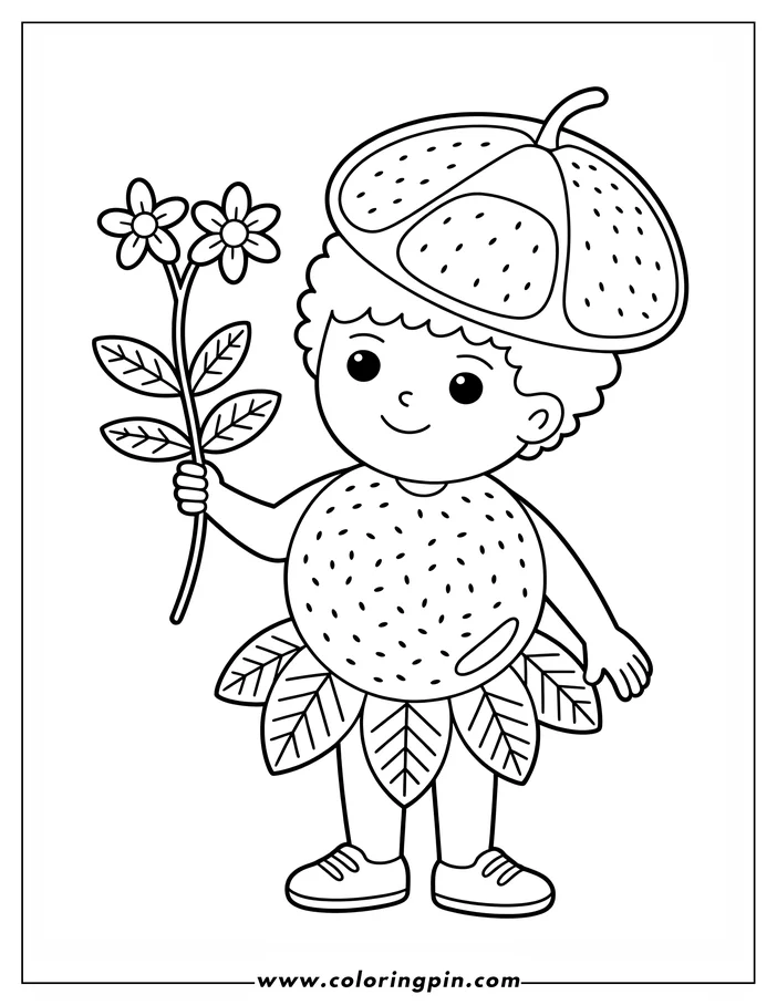 Outline of a child wearing an orange costume and holding flowers