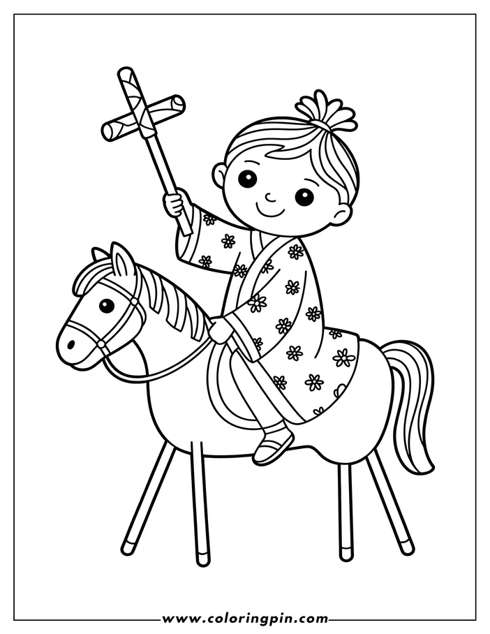Line art of a child riding a hobby horse and holding a stick cross. The child wears a robe with a floral pattern