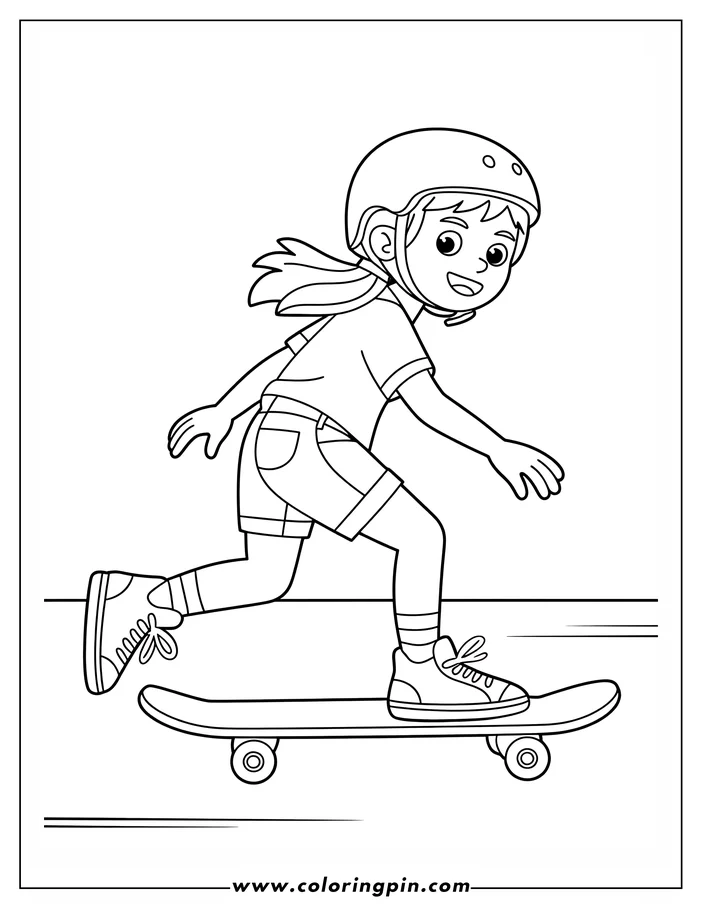 Line art of a child wearing a helmet skateboarding.