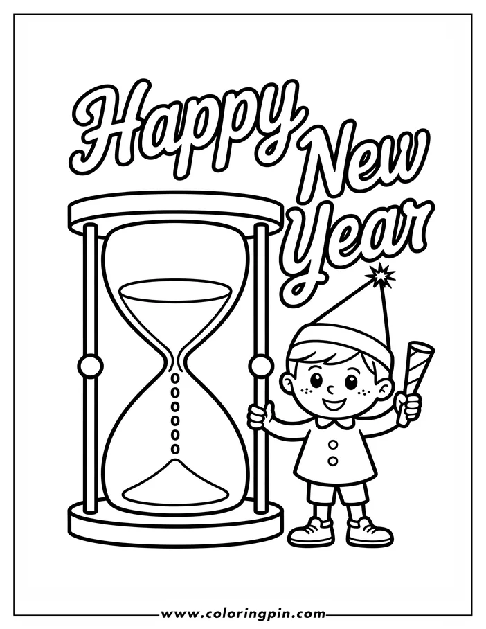 Line art of a child with a party hat and noisemaker standing next to an hourglass. The words "Happy New Year" appear above the image.