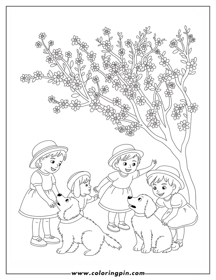 Outline of three children with hats petting two fluffy dogs under a cherry tree in bloom