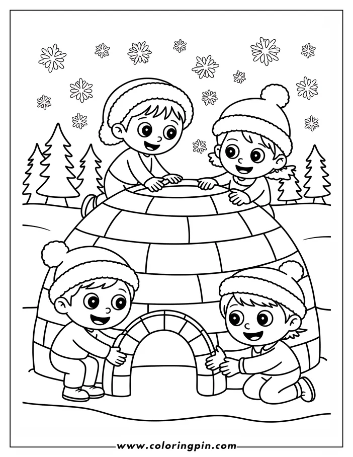 Line art of four children building an igloo, with two on top and two at the entrance, set against a snowy background with pine trees and falling snowflakes. Perfect for a winter coloring activity.