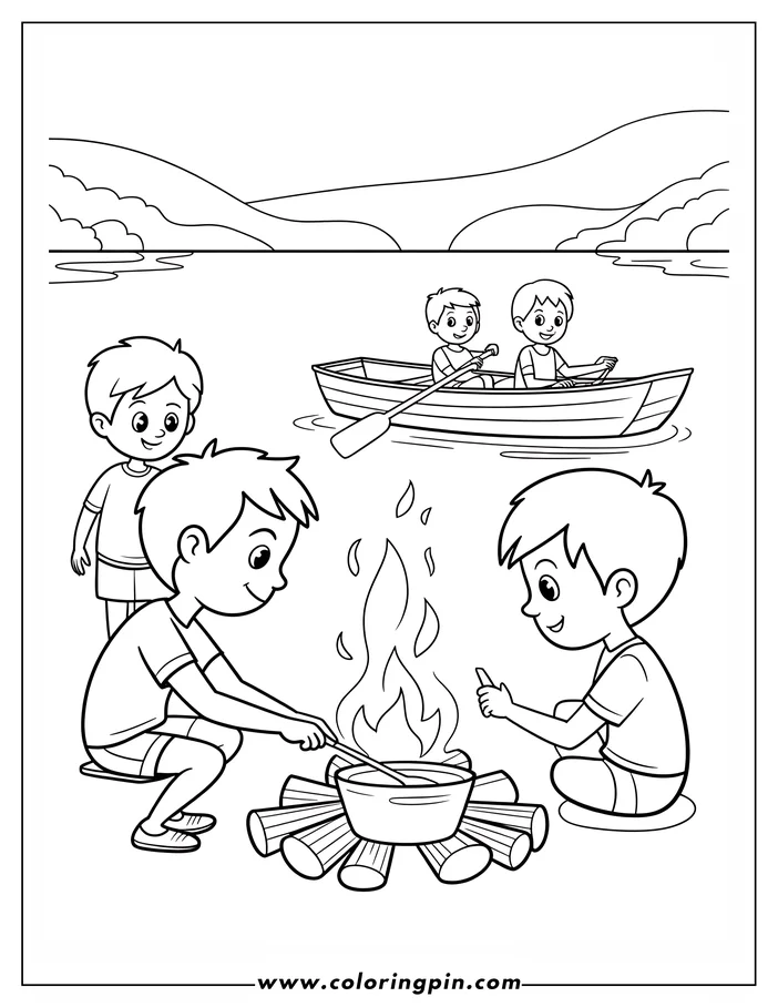Four boys enjoy camping by a lake. Two row a boat, while two tend a campfire with a cooking pot.