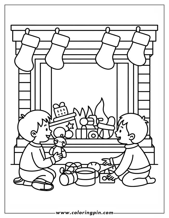 Two young children sit by a decorated fireplace opening Christmas gifts, one holding a teddy bear while the other looks at a gift box. Other presents and toys are scattered around them.