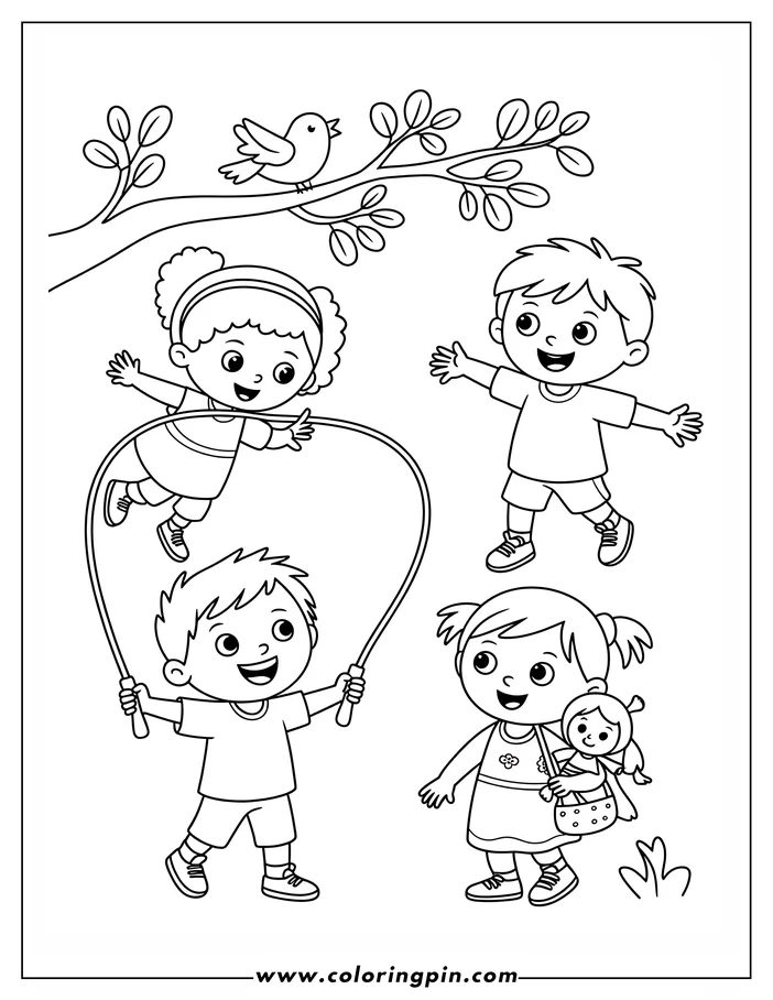 Four children playing outdoors near a tree with a bird. One girl jumps rope, another holds a doll, and two boys play with enthusiasm.