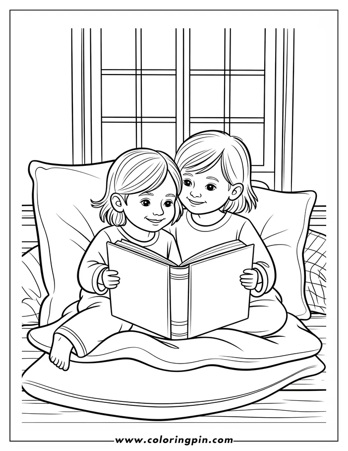 Two children sitting on pillows reading a book together near a window