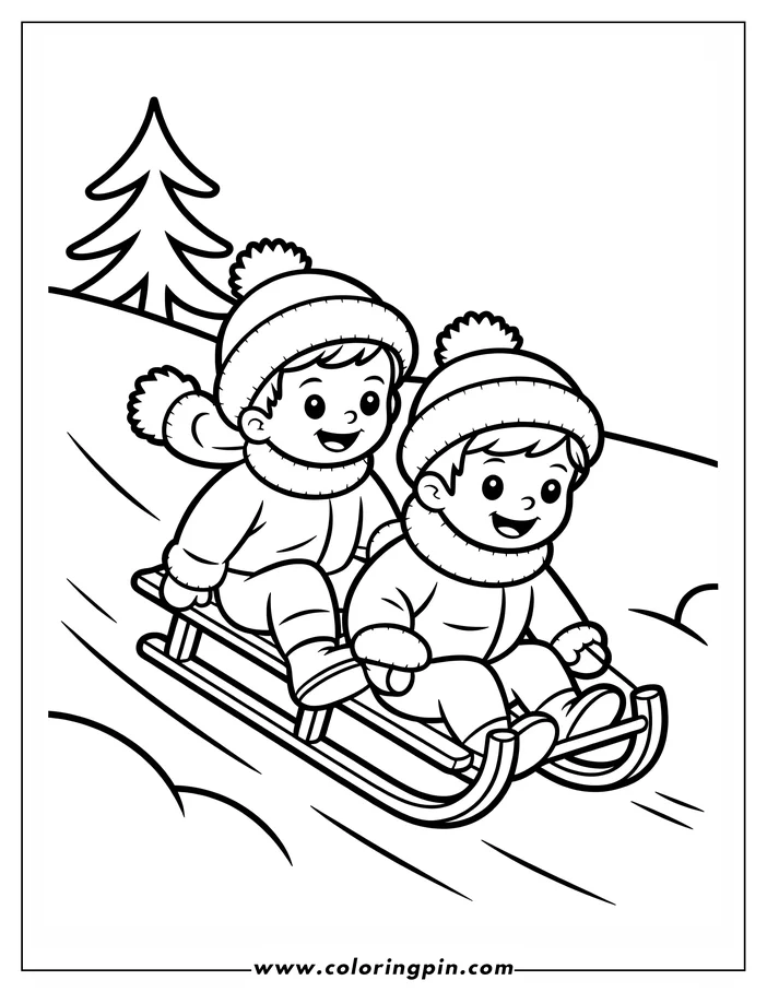 Two children sledding down a hill, wearing warm winter clothes and smiling