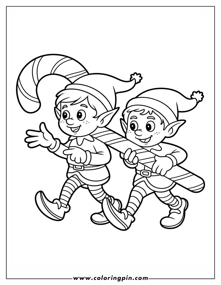 Line art of two Christmas elves carrying a giant candy cane. One elf points forward while the other helps carry the candy. They wear pointy hats, striped stockings, and elf shoes. A fun coloring sheet design for the holidays.