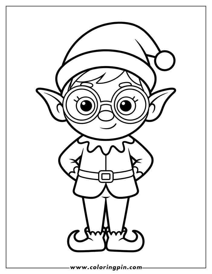 Outline of a Christmas elf wearing a hat and glasses