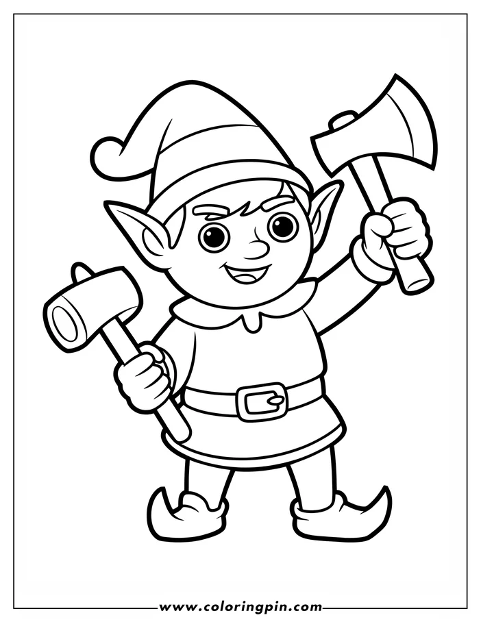 Line art of a cheerful Christmas elf holding a hammer and axe. He wears a pointed hat and tunic. Perfect image to color for the holiday season.