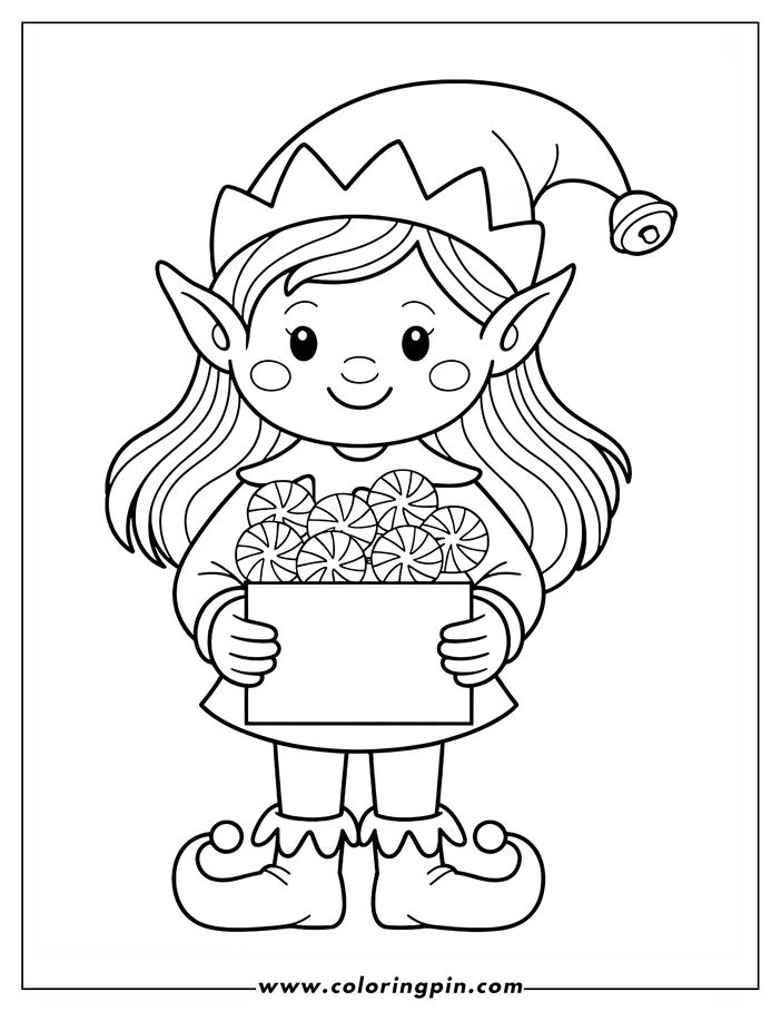 Line art of a Christmas elf holding a box of peppermint candies. The elf wears a pointed hat with a bell and has long hair. This is a coloring sheet design ready to be colored.