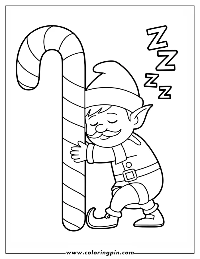 Line art of a Christmas elf sleeping while hugging a large candy cane. The elf wears a pointed hat and buckled shoes, with Zzz's indicating sleep.  This coloring page design is perfect for holiday-themed coloring activities.