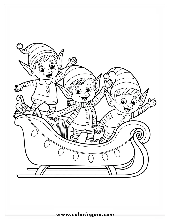 Line art depicting three Christmas elves riding in a sleigh. The elves wear striped hats and outfits, and the sleigh is decorated with lights. Perfect for a festive coloring activity.