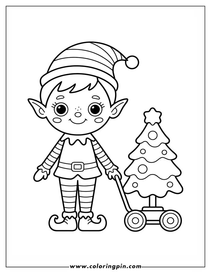 Line art of a Christmas elf pulling a decorated Christmas tree on a wheeled cart, designed as a coloring page.