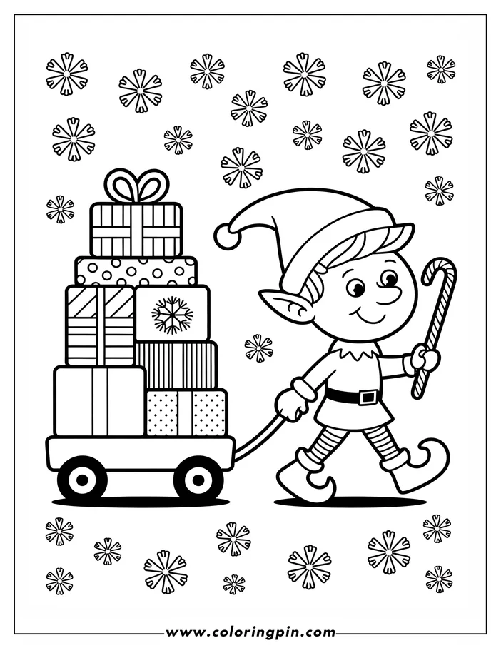 Line art of a Christmas elf pulling a wagon filled with presents. The elf wears a pointed hat and striped stockings, and carries a candy cane. Various wrapped gifts are stacked on the wagon. Snowflakes decorate the background of this festive coloring page.