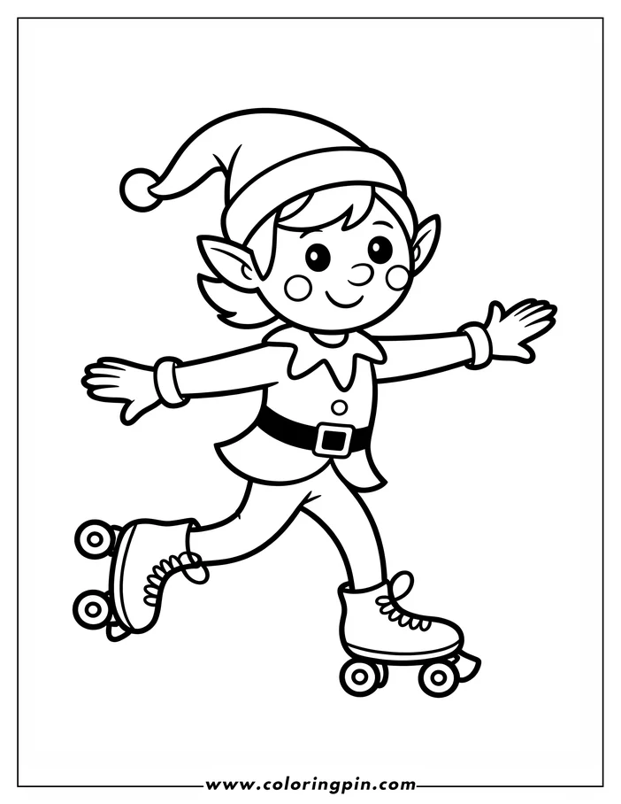 Line art of a Christmas elf roller skating with outstretched arms. The elf wears a pointed hat, tunic, and pants and has rosy cheeks. This drawing is a coloring page design.