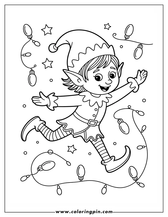 Line art of a Christmas elf running with outstretched arms. The elf wears a classic pointed hat, a tunic, and striped stockings, surrounded by strands of Christmas lights and small stars, designed as a coloring sheet.